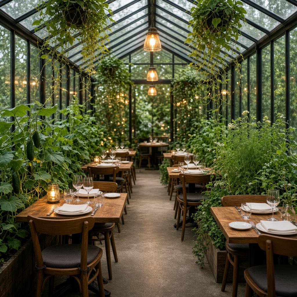 Gastraum der Gartenstube im Gewächshaus, Stottoff 9, Lübbenau/Spreewald, Deutschland: Tische zwischen Tomaten- und Gurkenkästen unter dem Glasdach