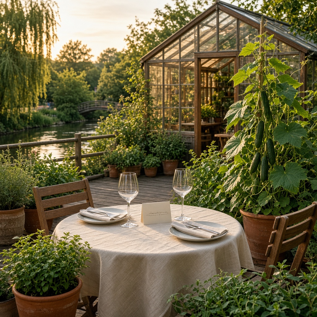 Reserviertes Gedeck mit Leinen und Weinglas auf der Gartenterrasse der Gartenstube, Stottoff 9, Lübbenau/Spreewald