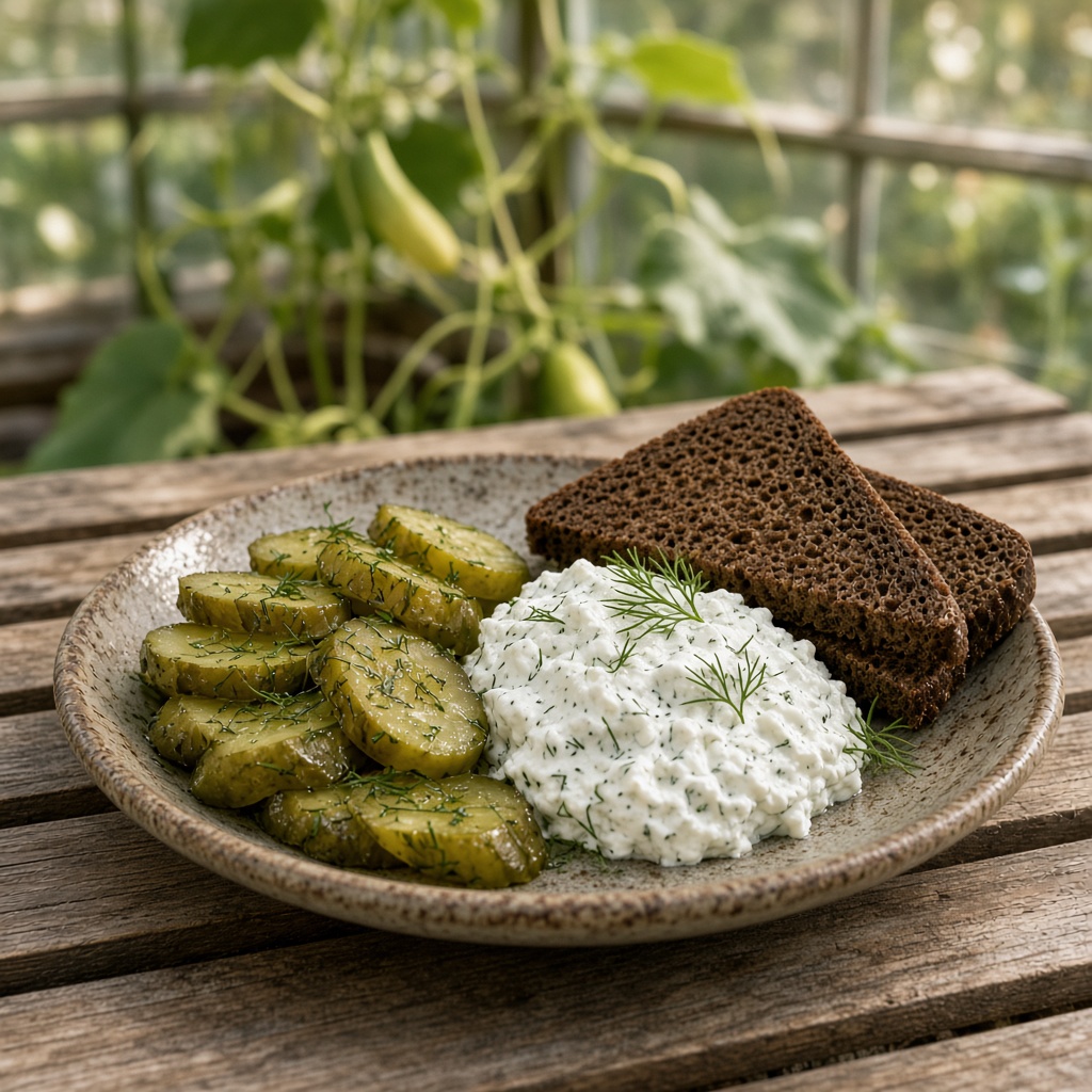 Gurkenteller mit Dillquark und Roggenbrot auf einem Holztisch im Gewächshaus der Gartenstube, Lübbenau/Spreewald